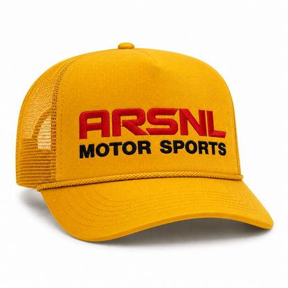 Yellow cap with 'ARSNL Motor Sports' text on a white background